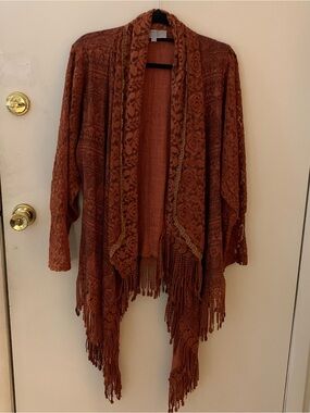 Pretty Angel Rust Fringe Crochet Open-Front Poncho Cardigan